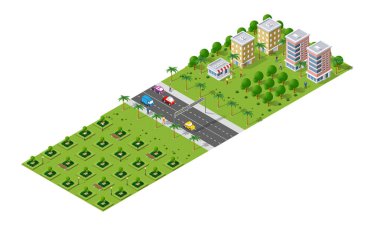 Isometric 3d illüstrasyon parkı ağaçları orman doğa doğa doğa doğa doğa doğa tasarımı için beyaz arka plan. Vektör izole edildi. Bir şehir haritası, oyunlar ve kasaban için