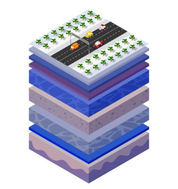 Toprak katmanları, doğanın altındaki jeolojik ve yeraltı toprak katmanlarının kesitleri karanın genişletilmiş organik, kum ve kil katmanlarının izometrik dilimleri trafik sıkışıklığı taşır.