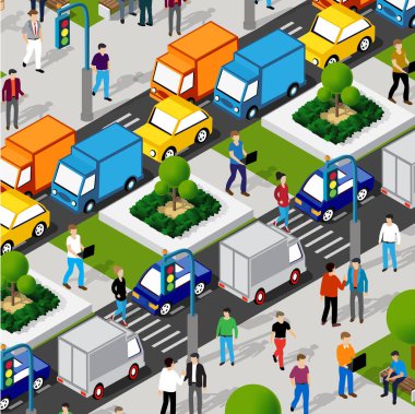 Isometric Caddesi kavşağında caddeler, insanlar, arabalar ve üç boyutlu illüstrasyon var. Tasarım ve oyun endüstrisi için stok illüstrasyonu.