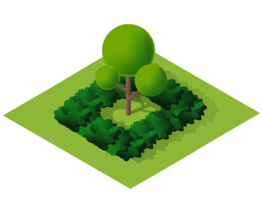 Kentin en üstteki görünümü izometrik 3D resimleme projeksiyonu ile parklı ağaçlar