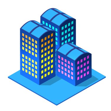 Kentsel altyapı izometrik binalarının gece kenti arka planı 3D illüstrasyon neon morötesi. Modern mimarinin vektör grafiklerinin ikamet ettiği kasaba..