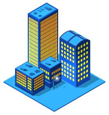 Kentsel altyapı izometrik binalarının gece kenti arka planı 3D illüstrasyon neon morötesi. Modern mimarinin vektör grafiklerinin ikamet ettiği kasaba..