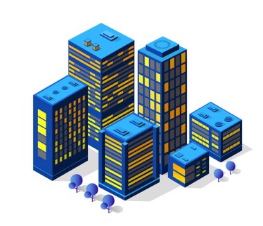 Kentsel altyapı izometrik binalarının gece kenti arka planı 3D illüstrasyon neon morötesi. Modern mimarinin vektör grafiklerinin ikamet ettiği kasaba..