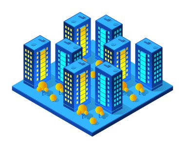 Kentsel altyapı izometrik binalarının gece kenti arka planı 3D illüstrasyon neon morötesi. Modern mimarinin vektör grafiklerinin ikamet ettiği kasaba..