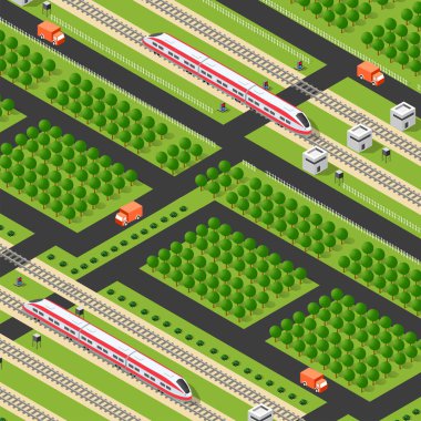 Hızlı, modern, yüksek hızlı tren ve arabalar. Toplu taşımanın vektör dairesi 3d izometrik illüstrasyonu.