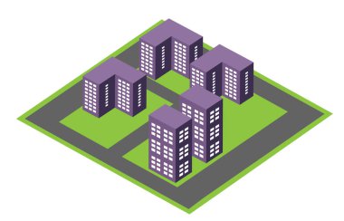 Modern şehrin vektör izometrik çoklu renkli şehir mimari blok binası. Bir sokak evi apartmanı. Teknoloji teçhizatı teknikleri kentsel illüstrasyonunda bir gökdelen..