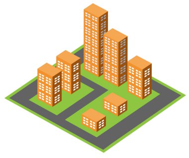 Modern şehrin vektör izometrik çoklu renkli şehir mimari blok binası. Bir sokak evi apartmanı. Teknoloji teçhizatı teknikleri kentsel illüstrasyonunda bir gökdelen..
