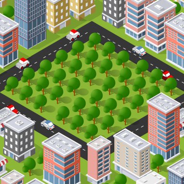 Isometric 3d caddesi şehir merkezinin mimari bölgesi. Şehrin bir kısmı açık yol binalarıyla dolu..