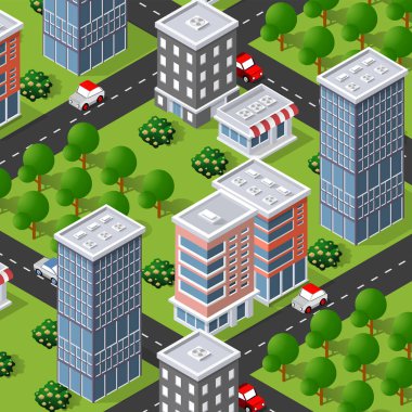 Isometric 3d caddesi şehir merkezinin mimari bölgesi. Şehrin bir kısmı açık yol binalarıyla dolu..