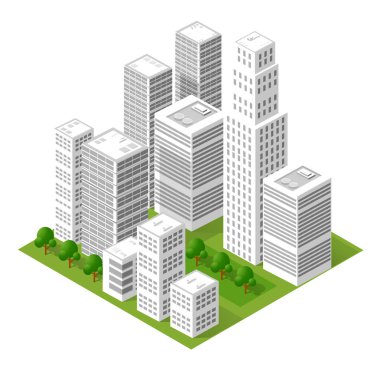 Şehir planlama ve geliştirmeyi temsil eden gökdelenleri ve yeşil alanları gösteren modern bir şehir merkezinin Isometric görüşü