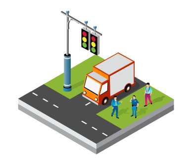 Kargo kamyonu şoförü, trafik ışıklarının yakınındaki izometrik görüş alanında polisle konuşuyor. Yol güvenliği, lojistik ve şehir ulaşımını temsil ediyor.