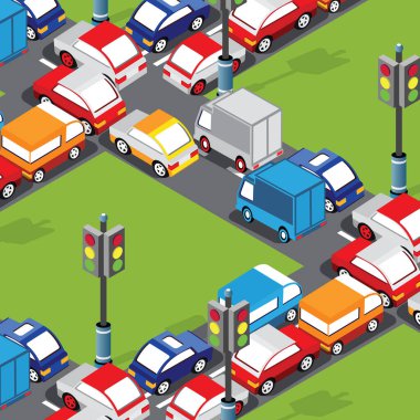 Trafik ışıklarıyla kesişen kavşakta renkli araçlar ve kamyonlarla trafik sıkışıklığının benzersiz görüntüsü, kentsel ulaşım sorunlarını gösteriyor