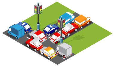 Trafik ışıklarıyla kavşağa yaklaşan araba ve kamyonların görüntüsü, trafik sıkışıklığını gösteriyor