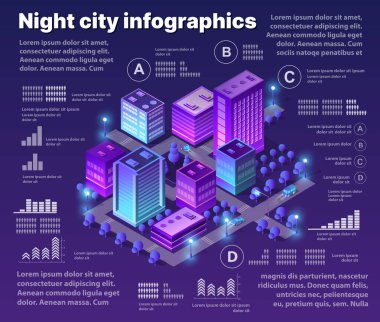 Mor renklerin Isometric neon şehir bilgi grafikleri modern kasaba caddesini inşa ediyor, kentsel yol mimarisi. İş tasarımı konsepti için izometrinin ultraviyole çizim haritası.