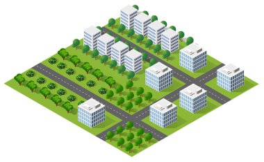 Şehir planlama ve geliştirmeyi temsil eden binaları, yolları ve yeşil alanları olan modern bir şehir.