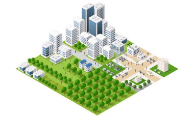 Gökdelenleri, parkları, yolları, evleri ve yürüyen, kentsel kalkınmayı ve planlamayı temsil eden insanları olan Isometric şehri