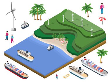 Yenilenebilir enerji, kargo gemileri, yolcu gemileri ve turistlerin plajda dinlendiği tropikal bir ada manzarası.