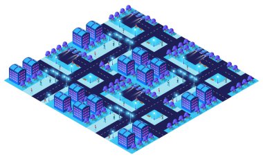 Parlayan binaların, sokak ışıklarının, yolların, ağaçların ve yürüyen insanların yer aldığı hareketli bir şehrin gece manzarası fütüristik bir şehir manzarası.