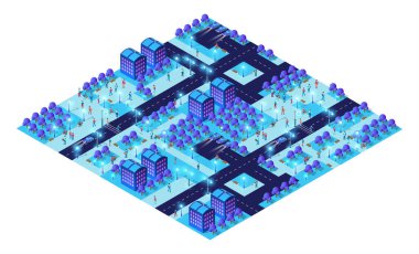 Aydınlatılmış binalar ve sokaklarda dolaşan vatandaşların yer aldığı fütüristik bir şehrin gece manzarası.