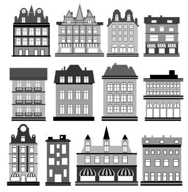 Kentsel mimariyi temsil eden gri binalar, farklı konut ve ticari yapıları gösteriyor