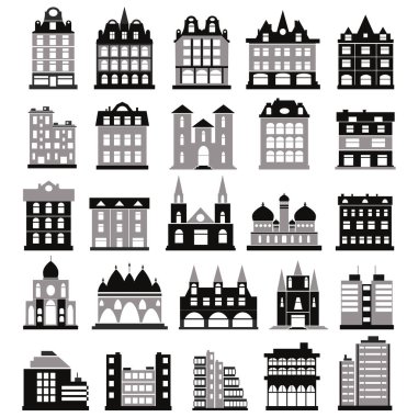 Bir şehir manzarası oluşturan evler, oteller, kiliseler, camiler ve hükümet binalarını temsil eden farklı yapı ikonları