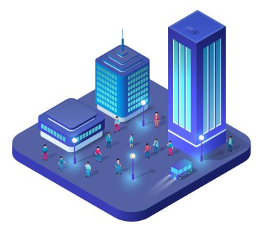 Akşamları, aydınlık gökdelenlerin yanında yürüyen iş adamlarının ve kendi kendine giden bir arabanın olduğu güzel bir şehir manzarası.