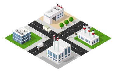 Fabrikaları, ofis binaları, yolları, kamyonları ve ağaçları olan ve hava kirliliğini ve çevresel kaygıları temsil eden sanayi bölgesinin farklı bir görüntüsü