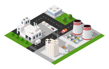 Fabrikaları, ofis binaları, yolları, kamyonları ve ağaçları olan ve hava kirliliğini ve çevresel kaygıları temsil eden sanayi bölgesinin farklı bir görüntüsü