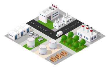 Fabrikaları, ofis binaları, yolları, kamyonları ve ağaçları olan ve hava kirliliğini ve çevresel kaygıları temsil eden sanayi bölgesinin farklı bir görüntüsü