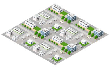 Fabrikaları, ofis binaları, yolları, kamyonları ve ağaçları olan ve hava kirliliğini ve çevresel kaygıları temsil eden sanayi bölgesinin farklı bir görüntüsü