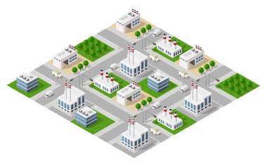 Fabrikaları, ofis binaları, yolları, kamyonları ve ağaçları olan ve hava kirliliğini ve çevresel kaygıları temsil eden sanayi bölgesinin farklı bir görüntüsü