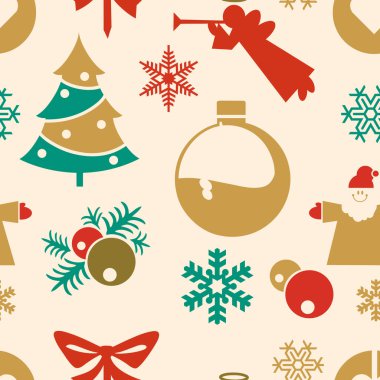 Noel için seamless modeli. Farklı Noel topları, Noel ağaçları ve kar taneleri kümesi.