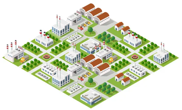 Ekonomik büyüme ve imalat faaliyetlerini temsil eden fabrikaları, depoları ve yeşil alanları olan bir sanayi bölgesi.