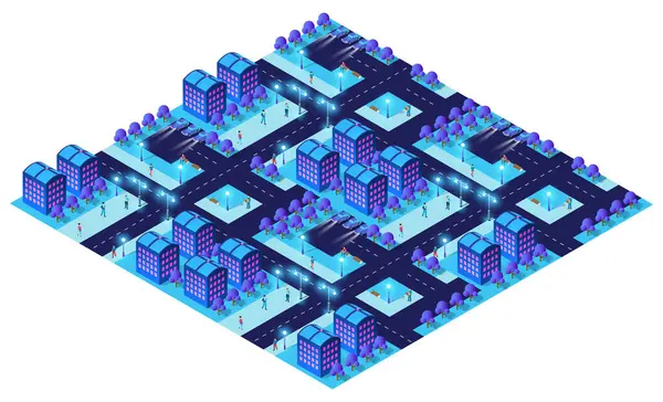 Parlayan binaların, sokak ışıklarının, yolların, ağaçların ve yürüyen insanların yer aldığı hareketli bir şehrin gece manzarası fütüristik bir şehir manzarası.