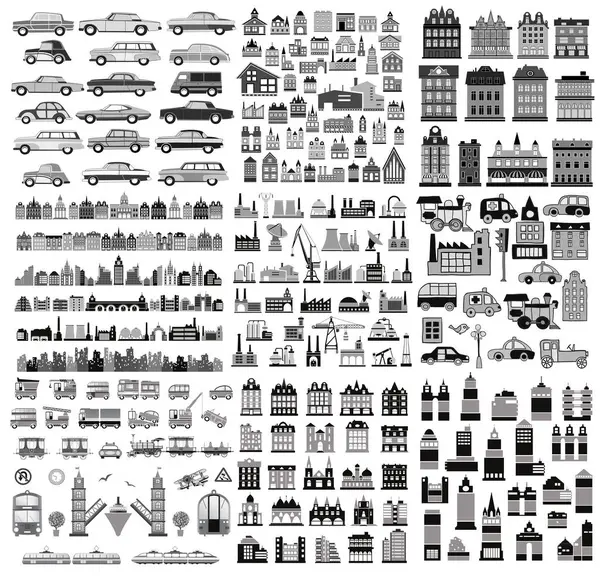 Şehirdeki çeşitli gri tonlama simgeleri bina, araç ve endüstriyel yapıları temsil ederek kentsel altyapı altyapı unsurlarının kentsel gelişimi ve ulaşımı gösteren kapsamlı bir görselleştirmesini oluşturur.