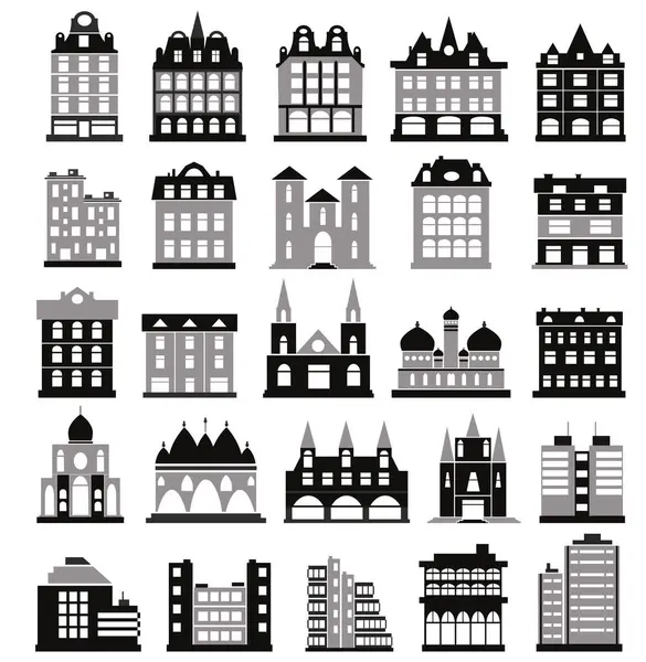 Bir şehir manzarası oluşturan evler, oteller, kiliseler, camiler ve hükümet binalarını temsil eden farklı yapı ikonları