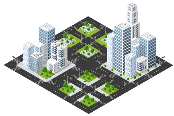 Gökdelenler, yollar, yaya geçitleri, trafik ışıkları ve yeşil parkların yer aldığı Isometric şehir manzarası, canlı bir kentsel manzara yaratıyor