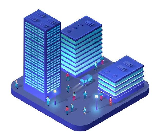 Akşamları, aydınlık gökdelenlerin yanında yürüyen iş adamlarının ve kendi kendine giden bir arabanın olduğu güzel bir şehir manzarası.