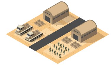 Askeri lojistik operasyonunun Isome görüşüne göre askerler dizilmiş vaziyette, erzak taşıyan kamyonlar ve çöl çevresindeki depoları gösteriyor.