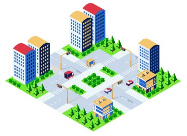 Gökdelenleri, yolları, trafik ışıkları, arabaları, ağaçları ve yeşil alanları olan modern bir şehir.