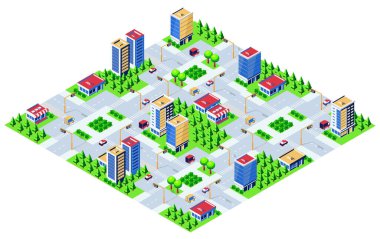 Gökdelenler, dükkanlar, yollar, trafik ışıkları, arabalar, kamyonlar ve modern bir şehir ortamını gösteren ağaçlarla Isometric şehir altyapısı