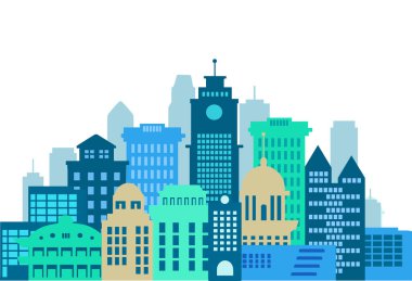 Modern kentsel gelişimi temsil eden, çeşitli mimari tarzlara sahip, çeşitli şehir manzaralarını gösteren canlı bir illüstrasyon