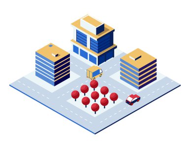 Hareketli binalar, arabalı virajlı yollar, yemyeşil ağaçlar ve canlı bir manzara yaratan çeşitli kentsel öğeler içeren Isometric şehir manzarası