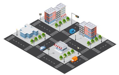 Araçların, binaların, ağaçların ve trafik ışıklarının yer aldığı, kentsel planlama ve altyapının sergilendiği bir şehir kavşağının Isometric çizimi