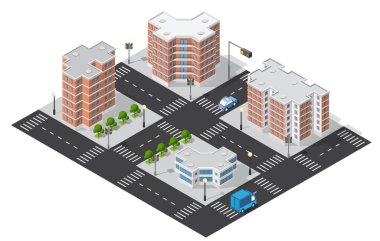 Modern binalar, araçlar ve sokak lambalarının yer aldığı, kentsel planlama ve mimarinin ön plana çıkarıldığı bir şehir kavşağının Isometric çizimi