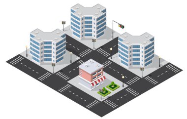 Gökdelenlerin, küçük bir dükkanın, yaya geçitlerinin, trafik ışıklarının, sokak lambalarının ve yeşil alanların bulunduğu şehir kavşağının farklı bir görüntüsü.