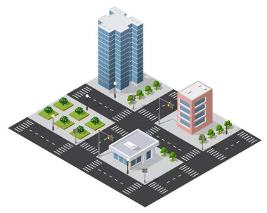 Bir gökdelenin, binaların, yaya geçitli yolların, trafik lambalarının, sokak lambalarının ve ağaçlı yeşil alanların yer aldığı bir şehir kavşağı.