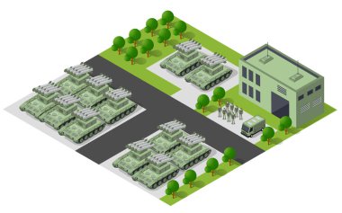 Tankları, füze fırlatıcıları, binaları ve askerleri olan ve stratejik bir savunma operasyonunun lojistik ve organizasyonunu gözler önüne seren bir askeri üs.