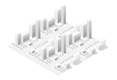 Gökdelenleri, caddeleri, yaya geçitleri, ağaçları ve arabaları olan bir şehir merkezinin beyaz izometrik görüntüsü