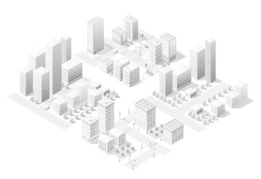 Gökdelenleri, caddeleri, yaya geçitleri, ağaçları ve arabaları olan bir şehir merkezinin beyaz izometrik görüntüsü